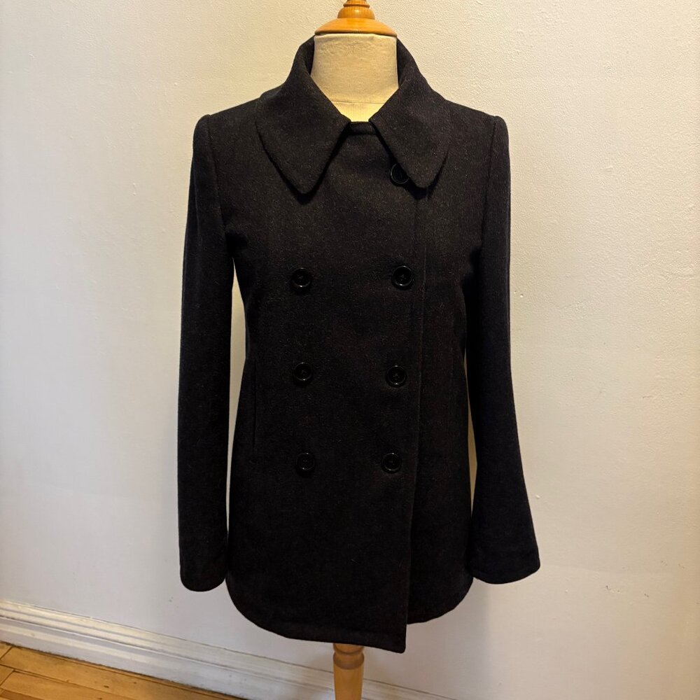 APC wool melton double breasted pea jacket in heathered navy